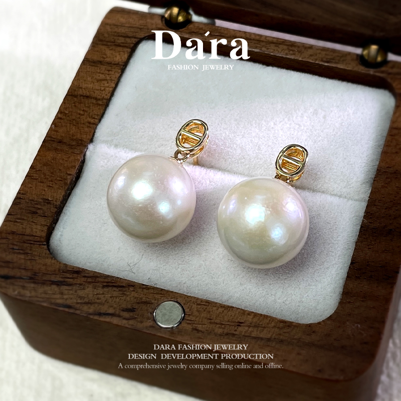 DARA S925银淡水珍珠12-13mm白珍珠圆核微瑕明亮耳环YH5780001 