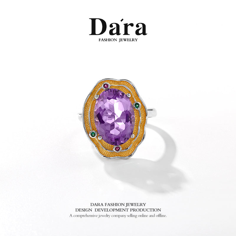 DARA 925 silver amethyst double gold personalized open ring YJ2418001