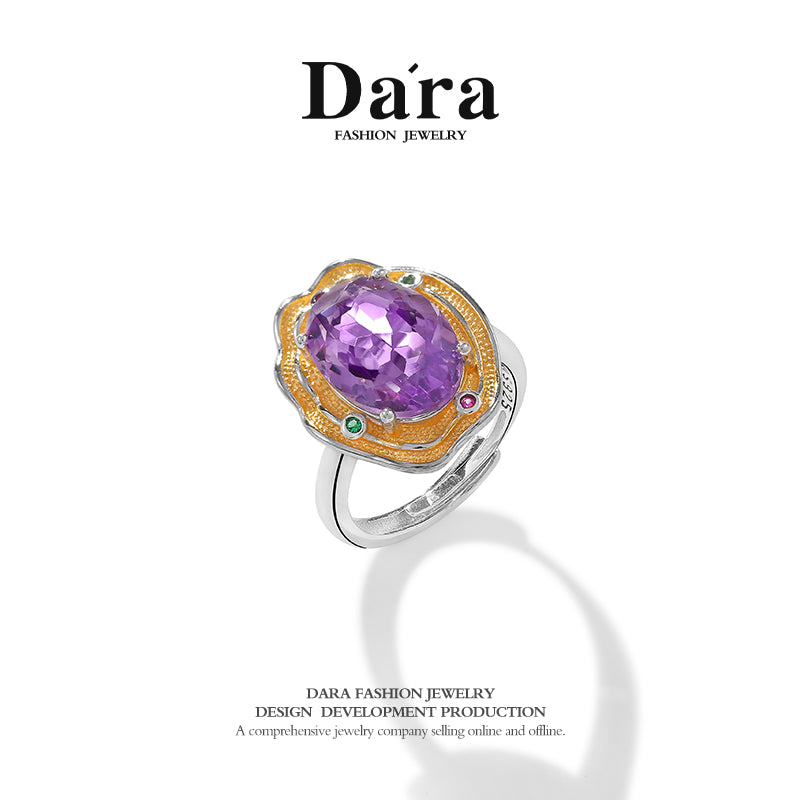 DARA 925 silver amethyst double gold personalized open ring YJ2418001