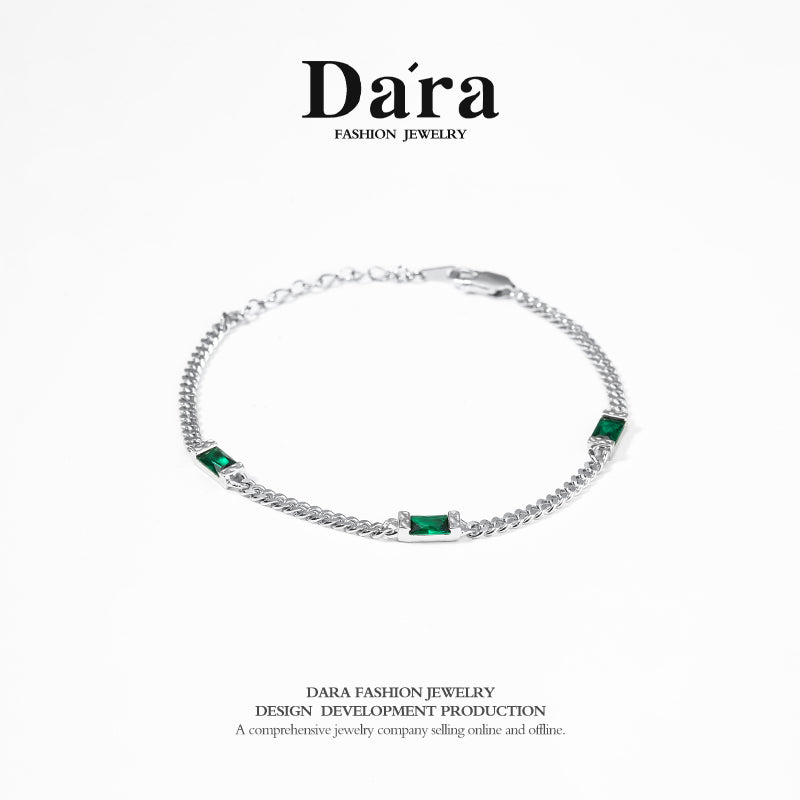 DARA s925 silver vintage niche splicing green gem bracelet FYS-0048106
