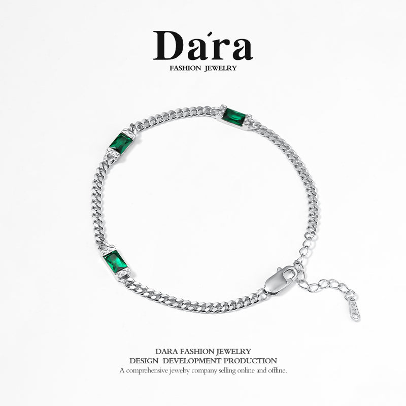 DARA s925 silver vintage niche splicing green gem bracelet FYS-0048106