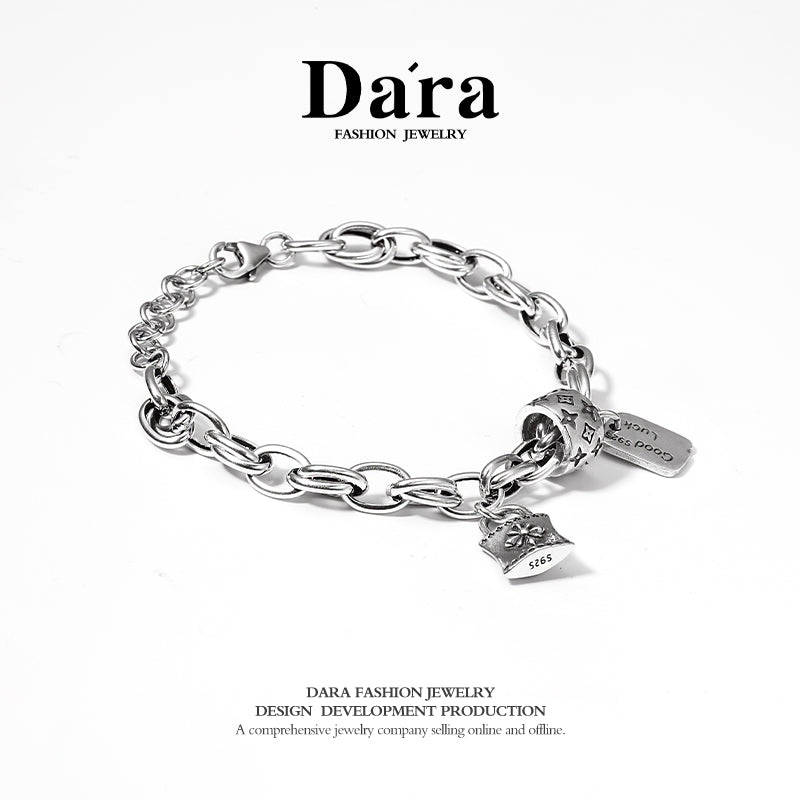 DARA s925 silver lucky four-leaf clover small lock letter plate personalized bracelet FYS-00022600