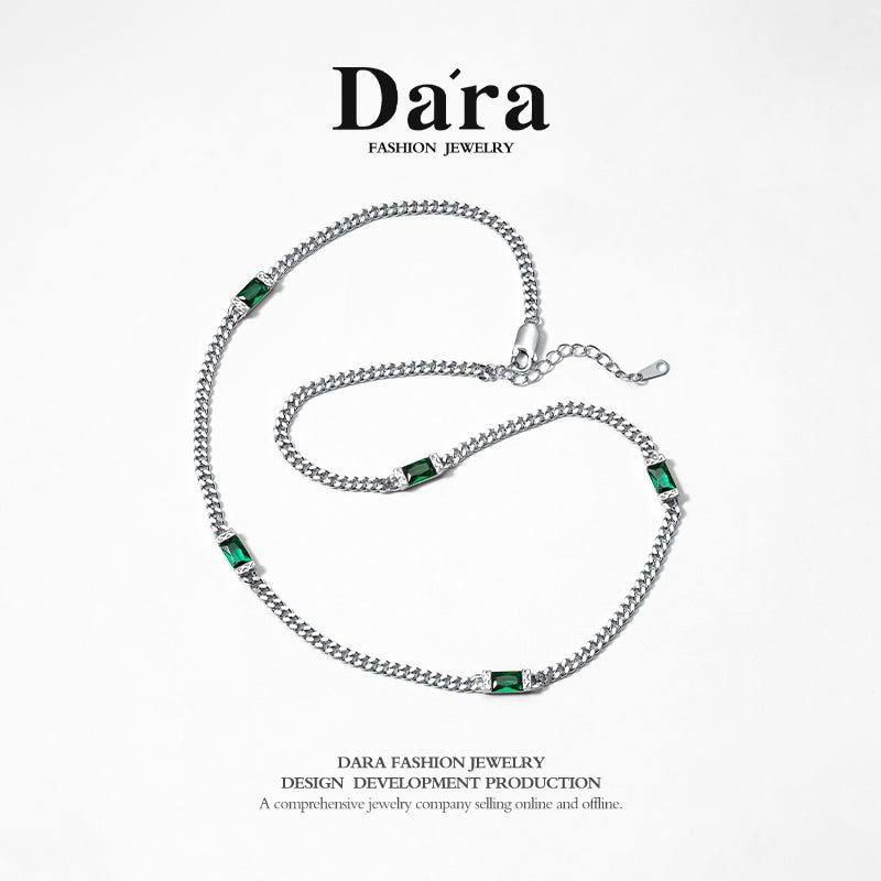 DARA s925 silver vintage green gem splicing personalized necklace FYL-0122106