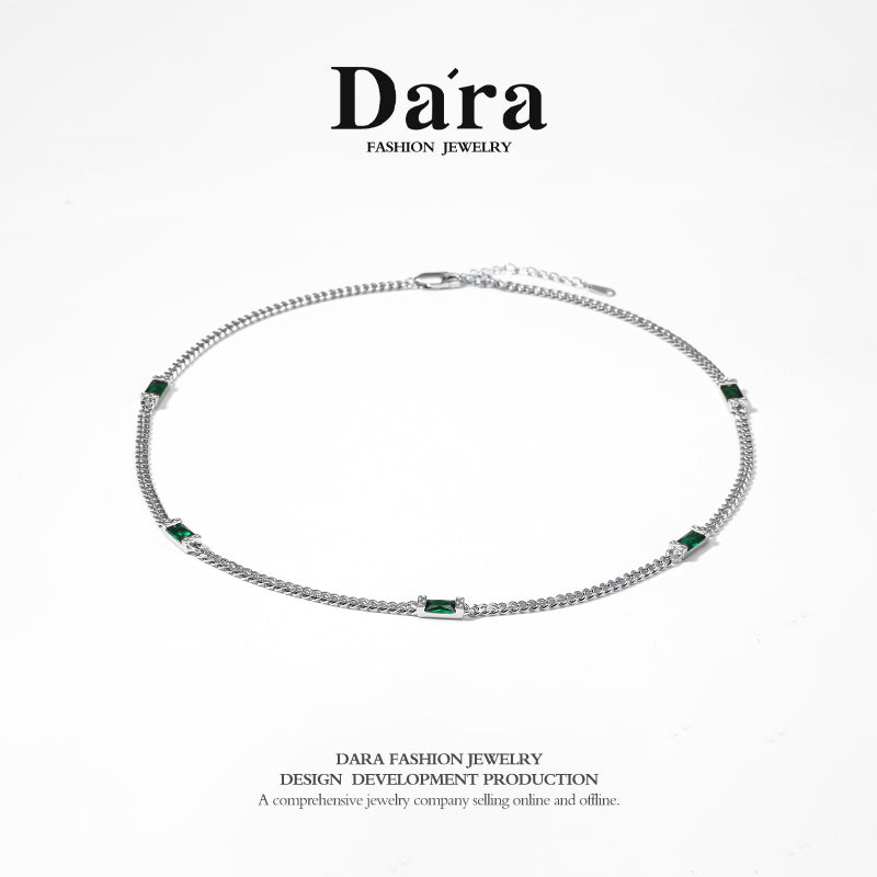 DARA s925 silver vintage green gem splicing personalized necklace FYL-0122106