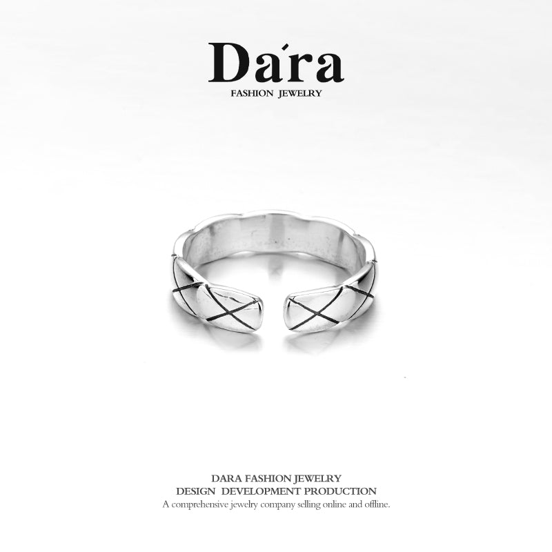 DARA 925 Silver Classic Checkered Open Ring FYJ-00042600
