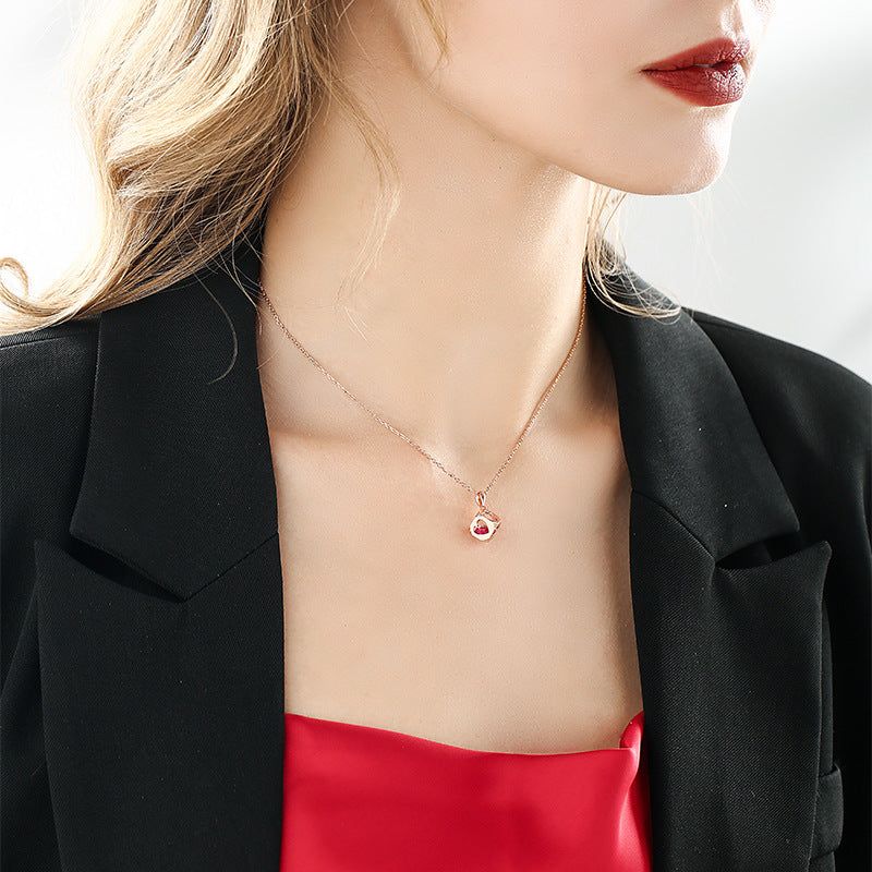 DARA S925 Silver Rose Gold Red Crystal Necklace Y707001