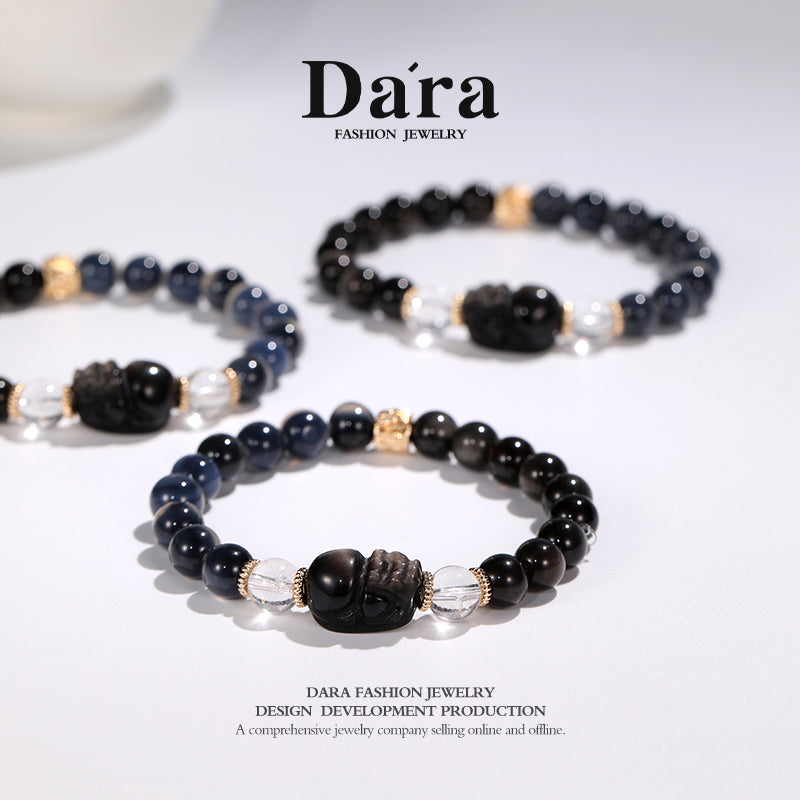 DARA Natural 8-9mm Blue Agate Silver Shine Pixiu Stone Bracelet RS4247001