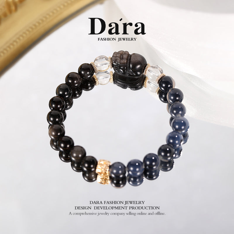 DARA Natural 8-9mm Blue Agate Silver Shine Pixiu Stone Bracelet RS4247001