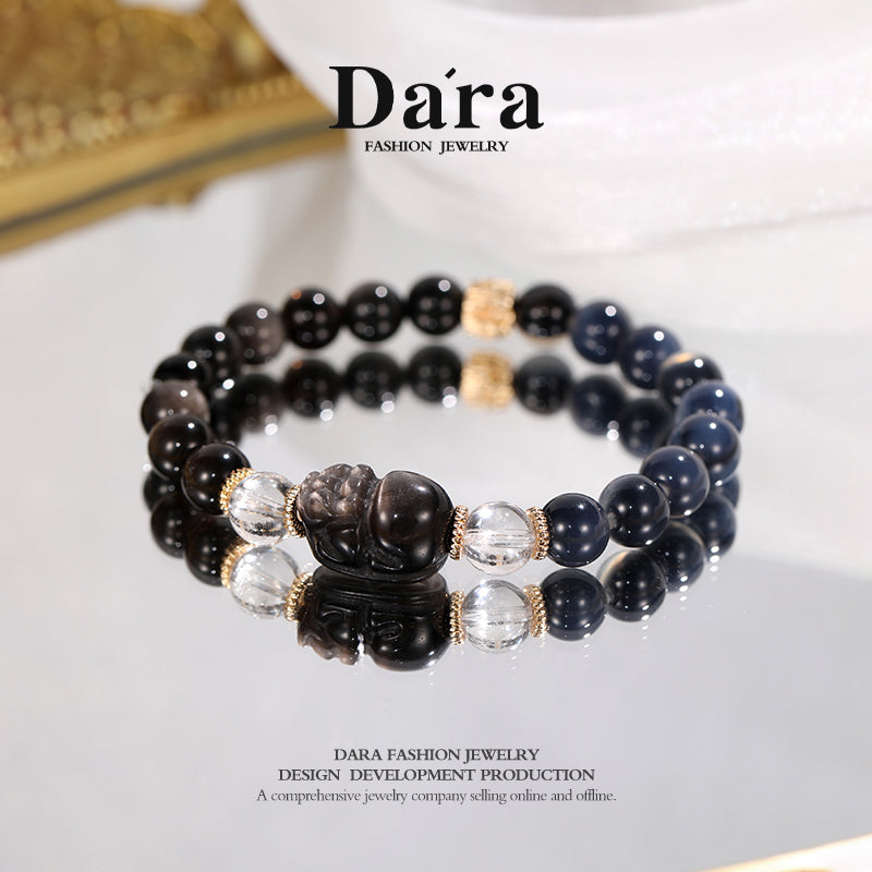 DARA Natural 8-9mm Blue Agate Silver Shine Pixiu Stone Bracelet RS4247001