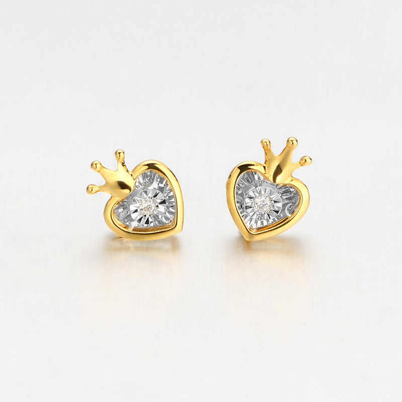 DARA 18K Gold Diamond Heart Crown Design Ear Studs KH1643001