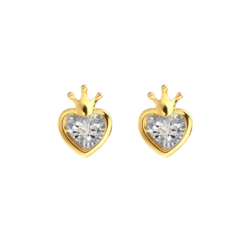 DARA 18K Gold Diamond Heart Crown Design Ear Studs KH1643001